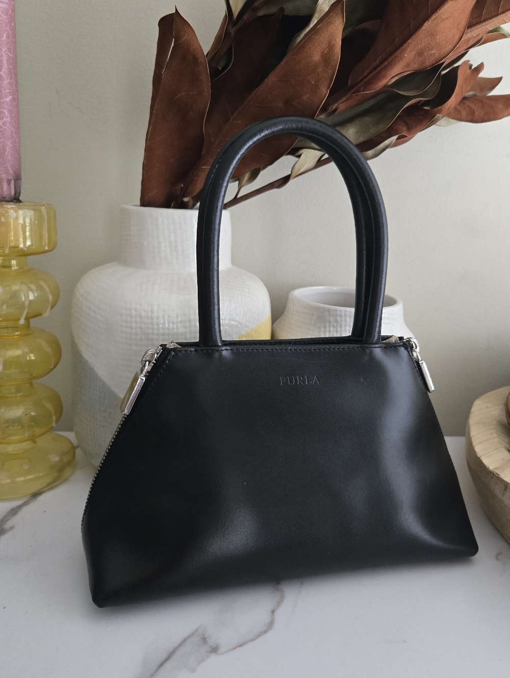 EUC Furla Black Leather Top-Handle Bag